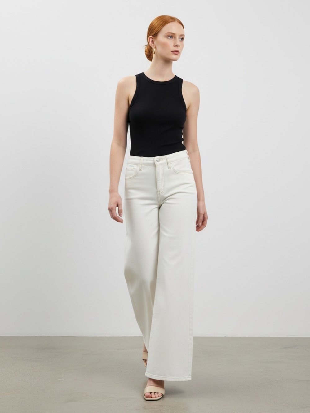 1529 • Soft Stretch Off-White High Waist Wide Leg Raw Edge Jeans